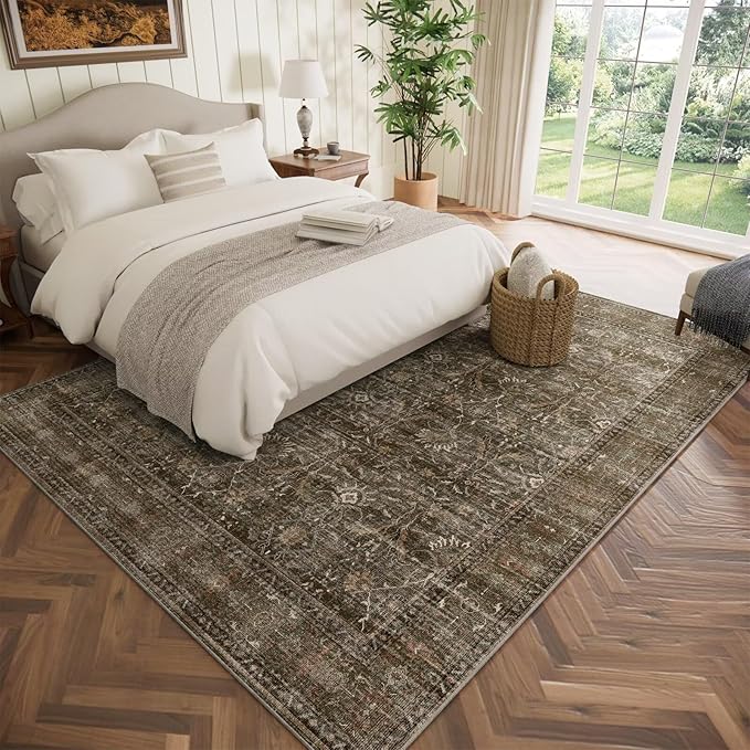 Washable 6x9 Area Rugs for Living Room, Boho Non-Slip Silicone Backing Large Rugs for Bedroom Dining Room Nursery Office, 0.3" Neutral Oriental Throw Carpet with 0.16" Cushioning Pad,Deep Brown/Multi