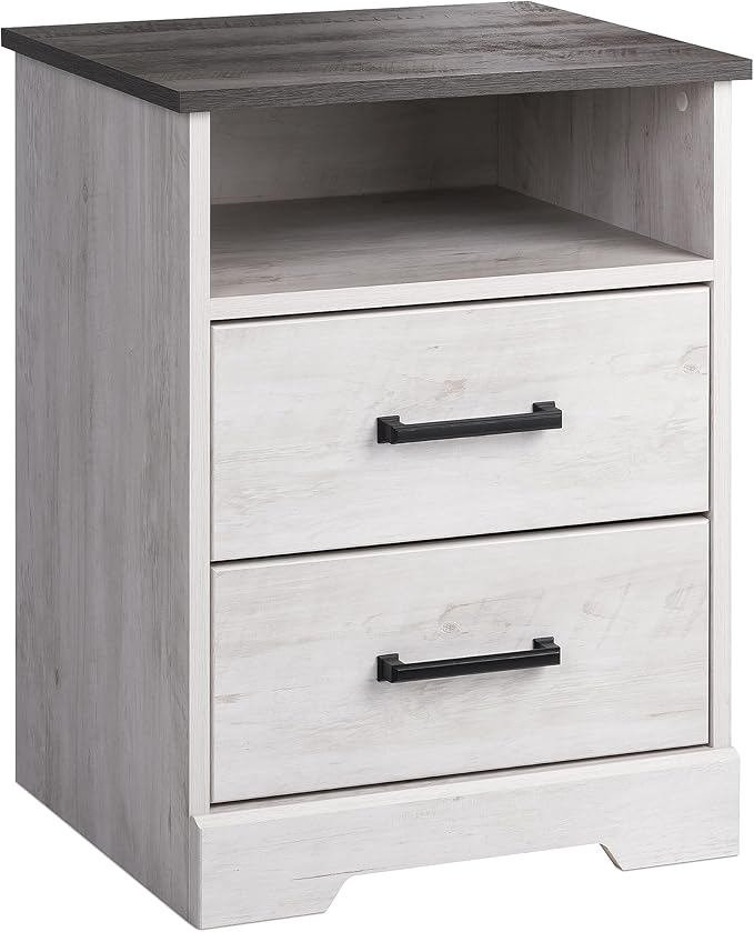 Prepac Rustic Ridge Farmhouse Bedroom Nightstand with 2 Drawers and an Open Cubby, Wooden Bedside Table for Bedroom, Office, or Living Room, 16.25in x 18.75in x 24.5in, Washed White