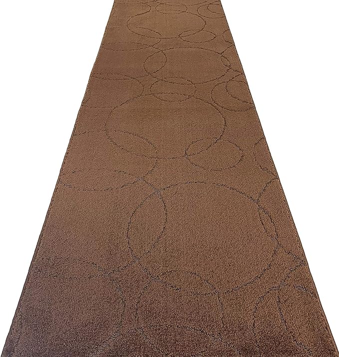 Custom Size Modern Geometric Pattern Carpet Runner Rug for Hallways, Slip Resistant Latex Rubber Backed, 31 inch Wide X Customized Length, Circles Brown, 31 inch X 33 feet