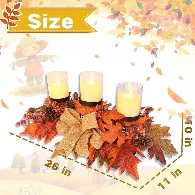 Fall Candle Holder Centerpiece with Maple Leaves, Pinecones, Berries & Burlap Bow,Thanksgiving Table Centerpiece Decoration for Dining Table, Mantel & Autumn Harvest Home Décor