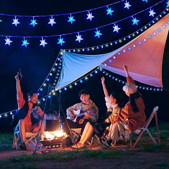 Minetom Blue and White Star String Lights Plug in - 33 ft 100 LED Star Fairy String Lights with Remote and Timer, 8 Modes Waterproof for Tent Loft Bed Backyard Patio Balcony Staircase