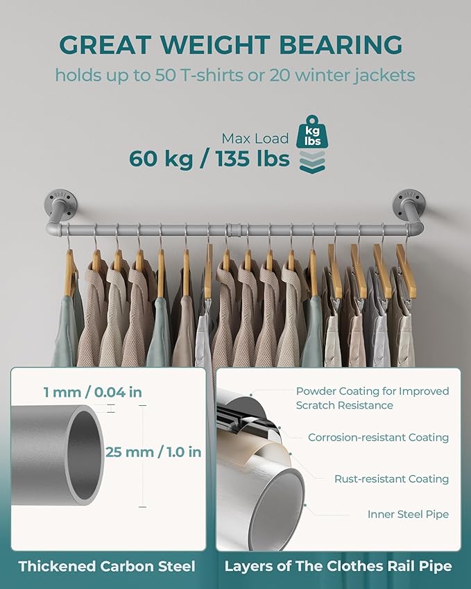 OROPY Industrial Pipe Clothes Rack Wall Mounted Set of 2, 38.4 inches Heavy Duty Iron Pipe Clothing Garment Rail, Multi-Purpose Clothing Hanging Rod for Laundry Room and Closet Storage, Silver Gray