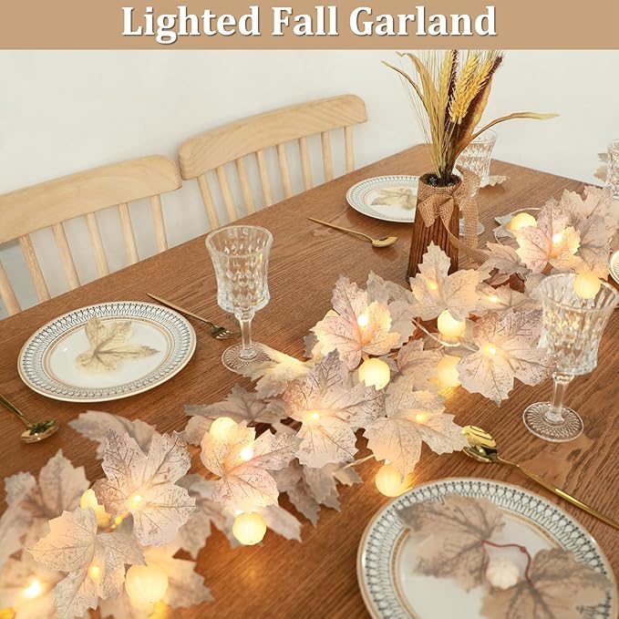 Thanksgiving Decorations-3 Pack 60LED Pumpkin Lights Fall Garland with 3D Pumpkin Enlarged Maples Leaf Battery Operated Pumpkin Thanksgiving Decor Autumn Fall Decor for Home Indoor Outdoor Holiday