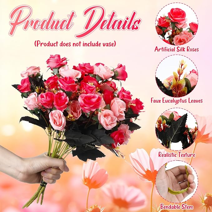 Hotop 12 Bunches of Artificial Flowers Centerpiece 13 Inches Silk Faux Roses Bouquets for Table Decoration Realistic Bouquet Arrangement Boho Faux Flowers for Wedding (Rose Red)