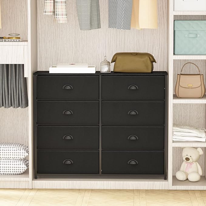 Furnulem Dresser with 8 Fabric Drawers, Wide Console Table for 50'' TV, Storage Organizer Unit for Bedroom, Office, Dorm, Closet, Hallway, Sturdy Metal Frame & Wood Top (Black)
