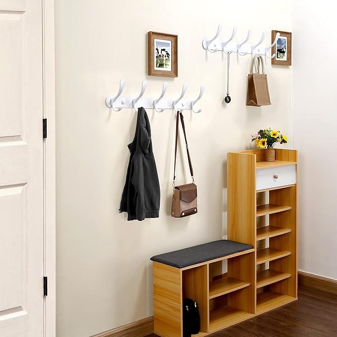 SKOLOO Coat Rack Wall Mount - Modern, Metal Wall Coat Rack with 5 Hooks, Sturdy Wall Hook Rack Rail for Hanging Coat, Jacket, Clothes, Hat, White