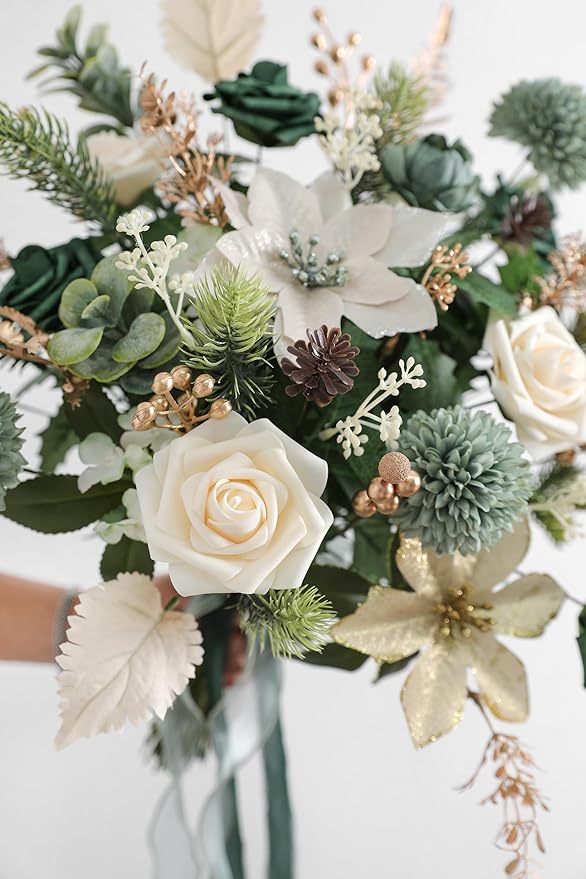 Christmas Artificial Flowers Greenery Combo Box Set Silk Flowers Fake Rose for DIY Christmas Red Theme Decoration Tree Ornaments, Xmas Wreath Floral Arrangements Party