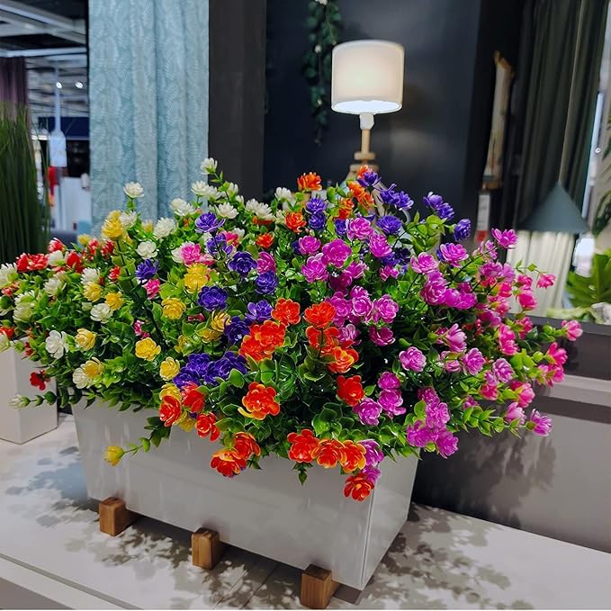 21 Bundles Outdoor Faux Plants UV Resistant Faux Bushes Plastic Artificial Flowers Fake Outdoor Plants for Home Garden Decor (7 Colors)