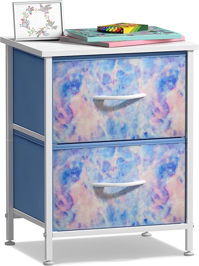 Sorbus Nightstand with 2 Drawers - Kids Bedside Furniture End Table Night Stand - Steel Frame, Wood Top & Easy Pull Fabric Bins - Dresser & Chest for Home, Bedroom Accessories, Office & College Dorm