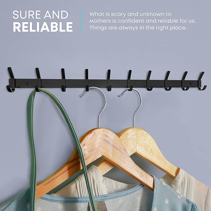 Matte Black Coat Rack Wall Mount – 30 Inch Stainless Steel Hook Rail with 10 Double Coat Hooks – Wall Mounted Entryway Organizer for Coats, Hats, Bags, Towels, Robes, Closet or Bathroom