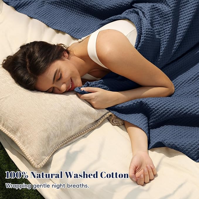 PHF 100% Cotton Waffle Weave Blanket Twin Size for Bed,Snag Proof Lightweight Breathable Moisture-Wicking Throw for Couch,Great for Layering in Cold Weather,Machine Washable,Home Decor Gift-Dark Navy