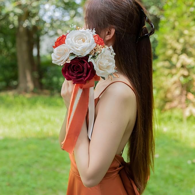 ponatia Burnt Orange Wedding Bouquets for Bride Bridesmaid, Artificial Burgundy Prom Flowers Bouquet for Weddins, Ceremony, Anniversary, 7 Inches