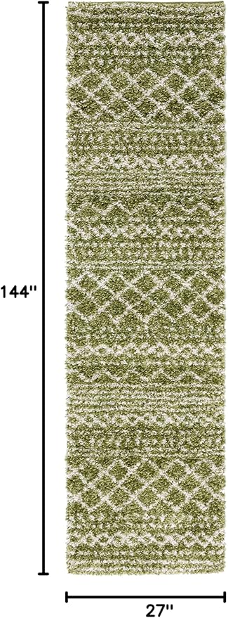 SAFAVIEH Arizona Shag Collection Runner - 2'3" x 12', Green & Ivory, Moroccan Design, Non-Shedding & Easy Care, 1.6-inch Thick, Ideal for The Living Room, Dining, Bedroom (ASG741X)