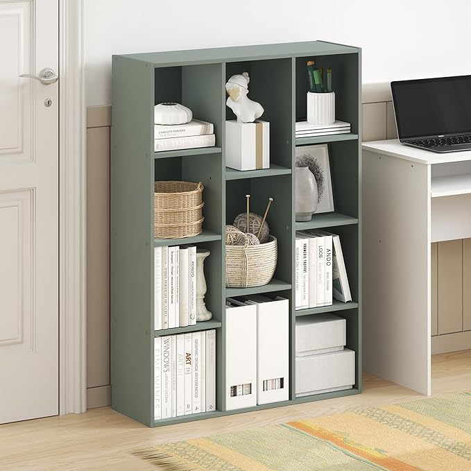 Furinno LUDER Book Shelf, 11-Cube Bookshelf, Reversible Bookcase, 9.4" x 29.1" x 41.7", for Living Room, Bedroom, Home Office, Sage Green