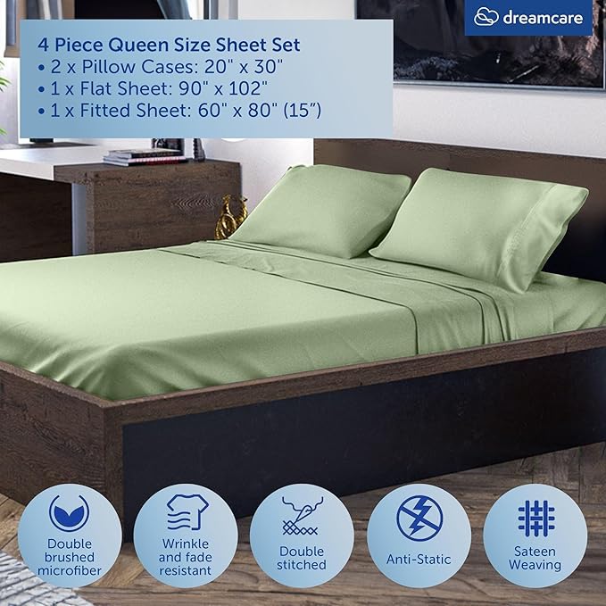 DREAMCARE Queen Size Sheets - Cooling Bed Sheets - 4pcs Set - up to 15" Deep Pocket Queen Sheet Set - Sheets Queen Size Bed - Soft & Long Lasting 100% Fine Microfiber with Side Pocket - Sage Green