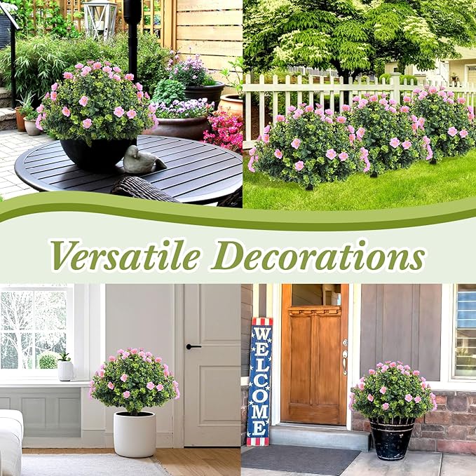 XunYee 4 Pcs 20" Artificial Topiary Ball Trees, Outdoor Artificial Shrubs Faux Bushes UV Resistance Greenery Fake Plants Tree with Ground Spike for Garden Porch Patio Indoor Decoration (Pink Flower)