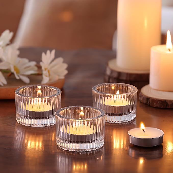 30Pcs Clear Tealight Candle Holder with 32pcs Tea Light Candles, Ribbed Votive Candle Holders Glass for Table Centerpiece, Wedding Decor, Home and Holiday Decor