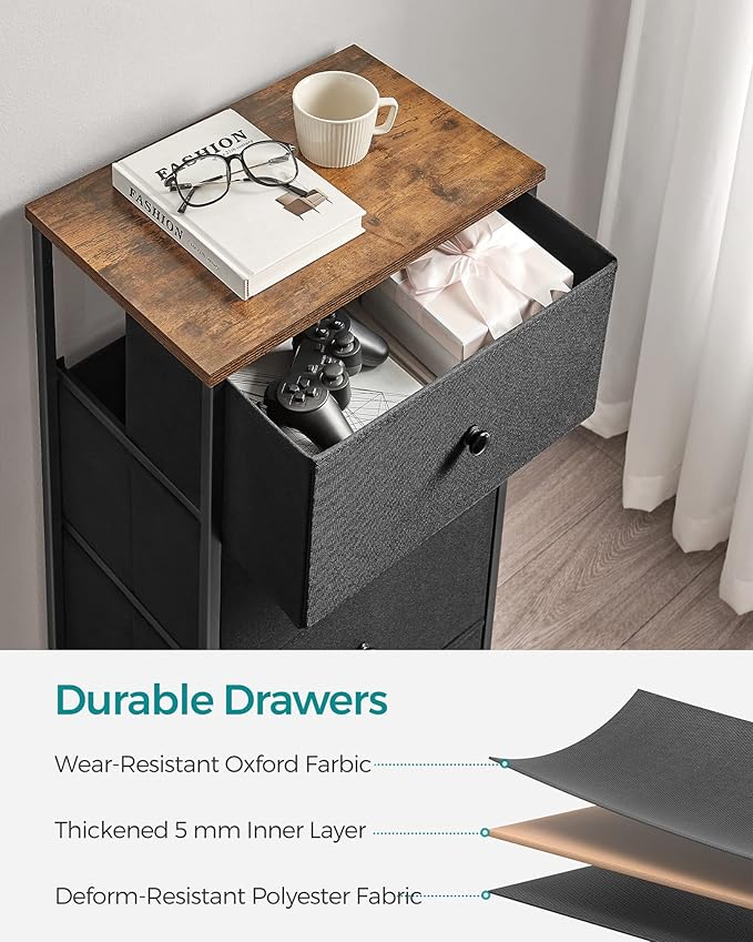 SONGMICS Dresser for Bedroom, Fabric Dresser with 4 Drawers, Metal Frame, Small Chest of Drawers, Black and Rustic Brown ULTS314B01