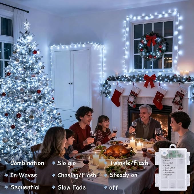 JMEXSUSS White Christmas Lights with Remote, 33ft 100 LED Battery Operated Christmas Lights, 8 Modes Outdoor Indoor String Light for Xmas Bedroom Tree Yard Porch Wedding