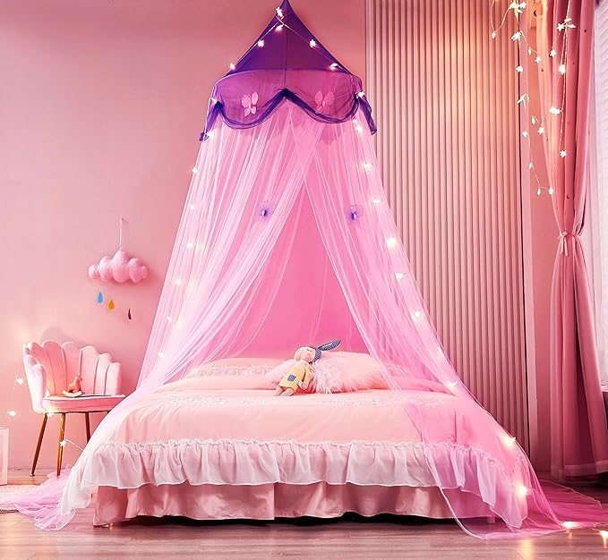 Bed Canopy with Lights,Bed Canopy for Girls Canopy Bed Curtains Girls Bedroom Decor for Twin to King Size Bed (Purple and Pink)