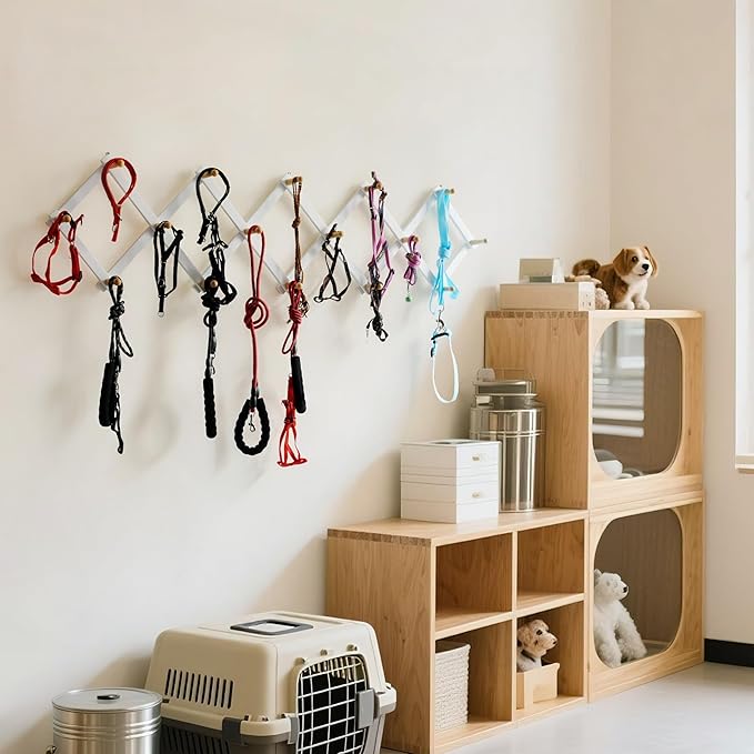 SKOLOO Accordion Wall Hanger with 16 Hooks, Modern Expandable Coat Rack Hat Rack for Wall, Solid Wooden, Natural on White