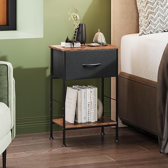 WLIVE Nightstand, End Table with Fabric Storage Drawer and Open Wood Shelf, Bedside Furniture with Steel Frame, Side Table for Bedroom, Dorm, Easy Assembly, Black and Rustic Brown, 25.0" Height