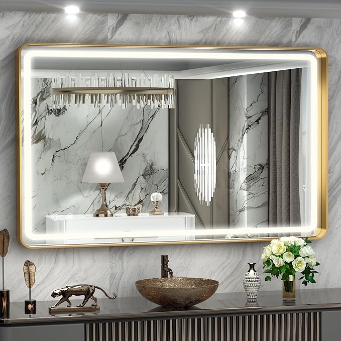 Hasipu LED Bathroom Mirror with Lights 40 x 26 Inch, Gold Metal Frame Light Mirror for Vanity Shaving, Wall Mounted Rounded Rectangle Mirror Anti-Fog, Dimmable, 3 Colors (Horizontal/Vertical)