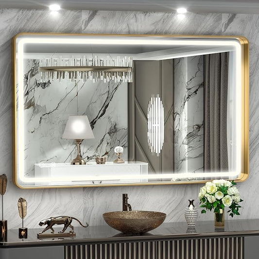 Hasipu LED Bathroom Mirror with Lights 40 x 26 Inch, Gold Metal Frame Light Mirror for Vanity Shaving, Wall Mounted Rounded Rectangle Mirror Anti-Fog, Dimmable, 3 Colors (Horizontal/Vertical)