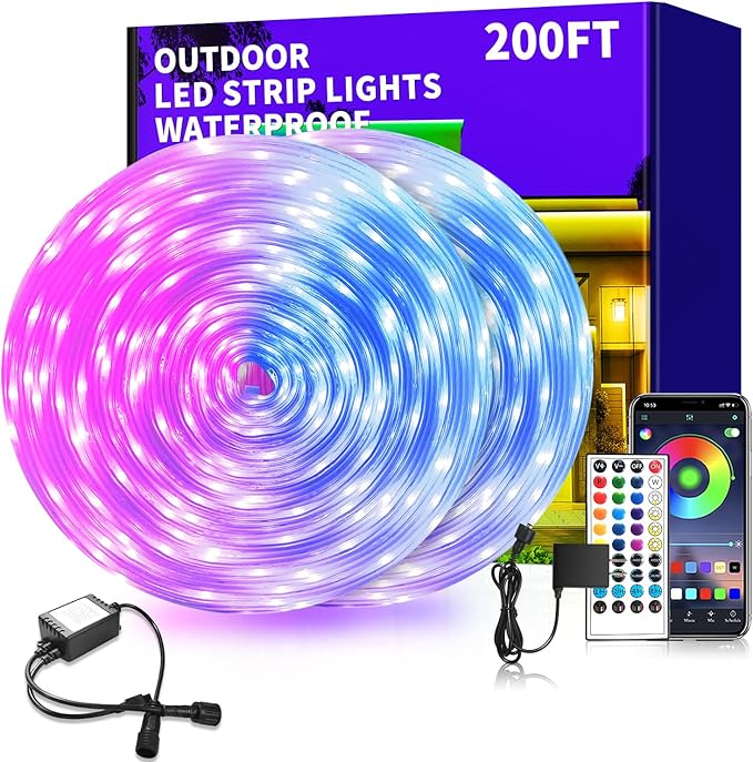 200Ft Outdoor Waterproof LED Strip Lights,Music Sync RGB IP68 Led Lights with App and Remote Control,Color Changing Waterproof RGB Exterior Rope Self Adhesive Back,Balcony,Roof,Garden,Party