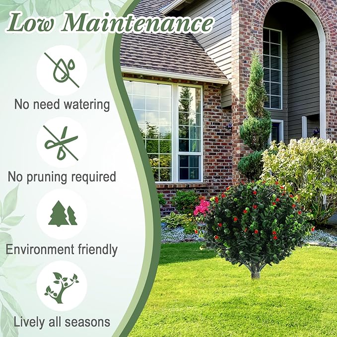 XunYee 4 Pcs 20" Artificial Topiary Ball Trees, Outdoor Artificial Shrubs Faux Bushes UV Resistance Greenery Fake Plants Tree with Ground Spike for Garden Porch Patio Indoor Decoration (Red Berries)