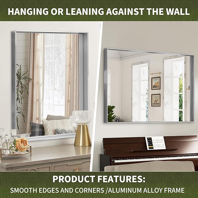 Suidia Bathroom Mirror, 60" x 36" Wall Mirror Metal Framed, Bathroom Vanity Mirror for Living Room Bedroom Bathroom Entryway, Silver, Rect Corner Style