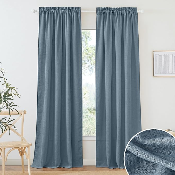 RYB HOME Extra Long Linen Curtains Semi Sheer Drapes Natural Linen Textured Blend Boho Window Decor for Living Room Bedroom Front Door High Ceiling Window, Stone Blue, W 52 x L 84, 1 Pair