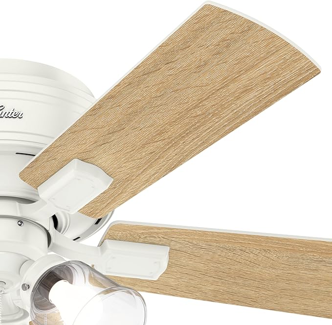 Hunter Fan Company 52152, 42 inch Crestfield Fresh White Low Profile Flush Mount Ceiling Fan with Lights LED and Pull Chain