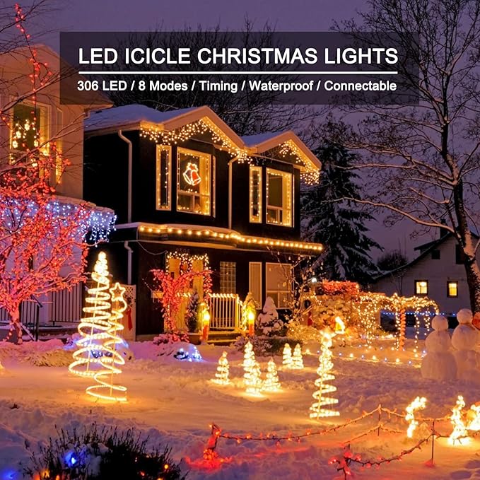 Icicle Lights Outdoor, 19.6FT 306 LED Christmas Lights with 54 Drops, Dimmable Hanging Lights with Remote, Timer, and 8 Light Modes, Connectable Twinkle Fairy Lights Holiday Decorations, Warm White