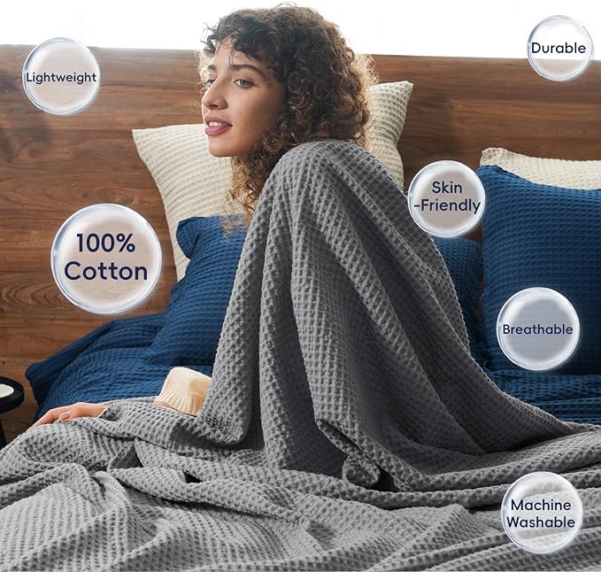 PHF Pre-Washed Cotton Waffle Weave Blanket Throw Size for Couch Bed,Snag Proof Spring Summer Lightweight Breathable,Oeko-TEX Certified,Machine Washable, Home Decor Gift，Charcoal