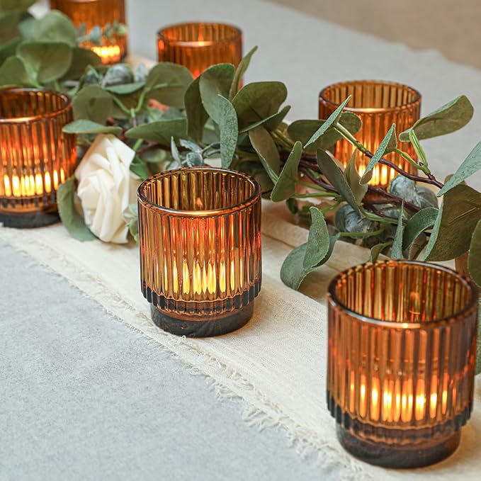 Vintage Ribbed Amber Glass Tealight & Votive Candle Holders (Set of 12), Wedding Bridal Shower Party Table Decor, Fall Decor, Boho Decor, Shelf Decoration