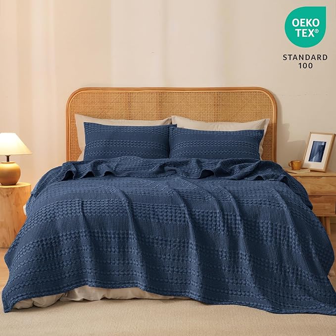 PHF 100% Cotton Waffle Weave Blanket Twin Size for Bed, Soft Lightweight & Breathable, All-Season Comfort, Luxury Aesthetic Woven Bedding for Home Decor, 66"x90", Blue Sapphire