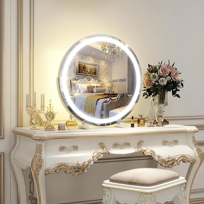 Vanity Makeup Mirror with Lights, 18 Inch LED Makeup Mirror, Lighted Vanity Mirror with Lights, Smart Touch Control 3 Colors Dimmable Round Mirror, Tabletop ＆ Desk Mirror, 360°Rotation (White)