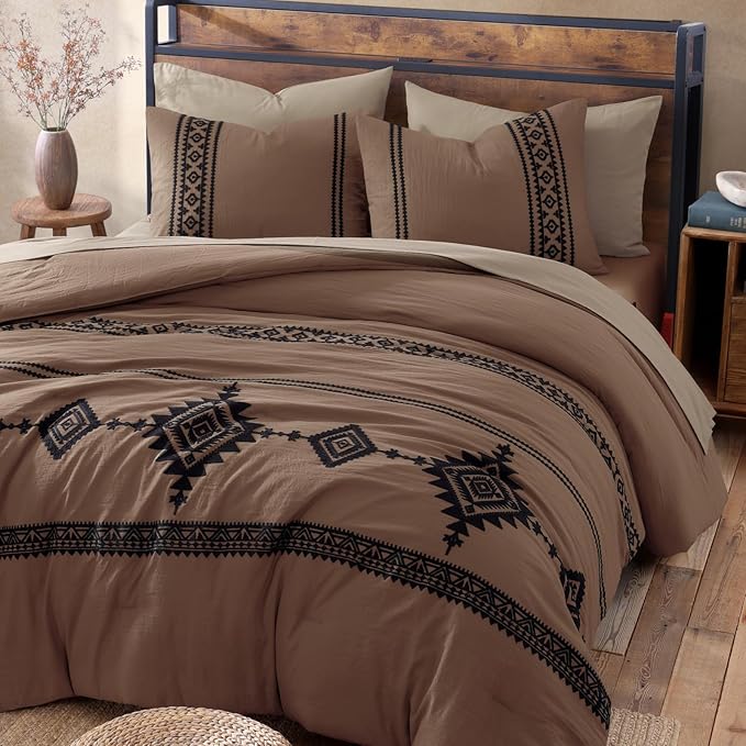 MaiRêve Embroidery King Size Comforter Set Brown, Boho Farmhouse Western Bedding Set 7 Pieces, All Season Bed in A Bag Comforter Set with Sheets, Pillowcases & Shams