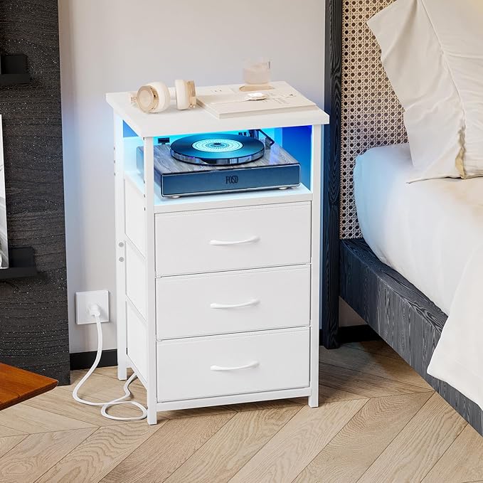 Fixwal White Nightstand with Charging Station, LED Night Stand with 3 Fabric Drawers and Open Shelf, Bedside End Table in Living Room