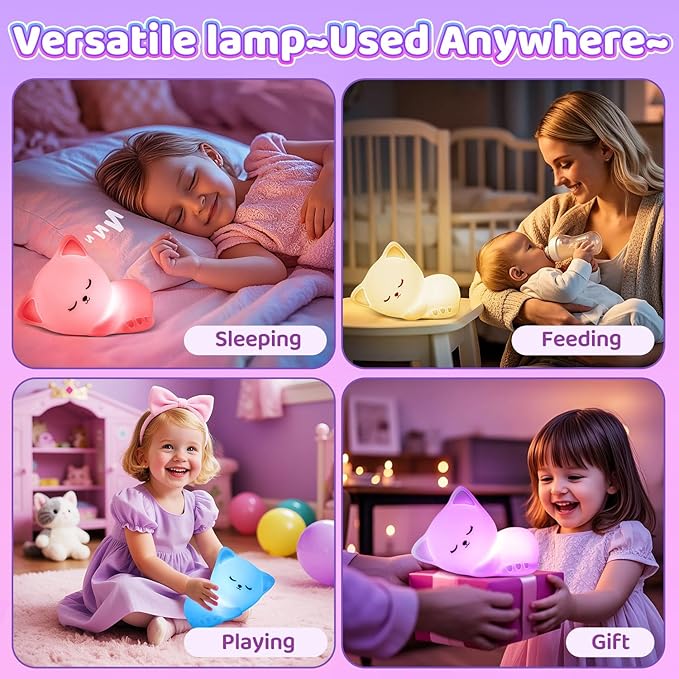 Mubarek Night Light for Kids,16Colors Cat Night Light for Kids Cute Lamp,Dimmable Toddler NightLight for Girls,Soft Silicone Nightlight for Baby Room, Rechargeable Cute Lamp Big Size