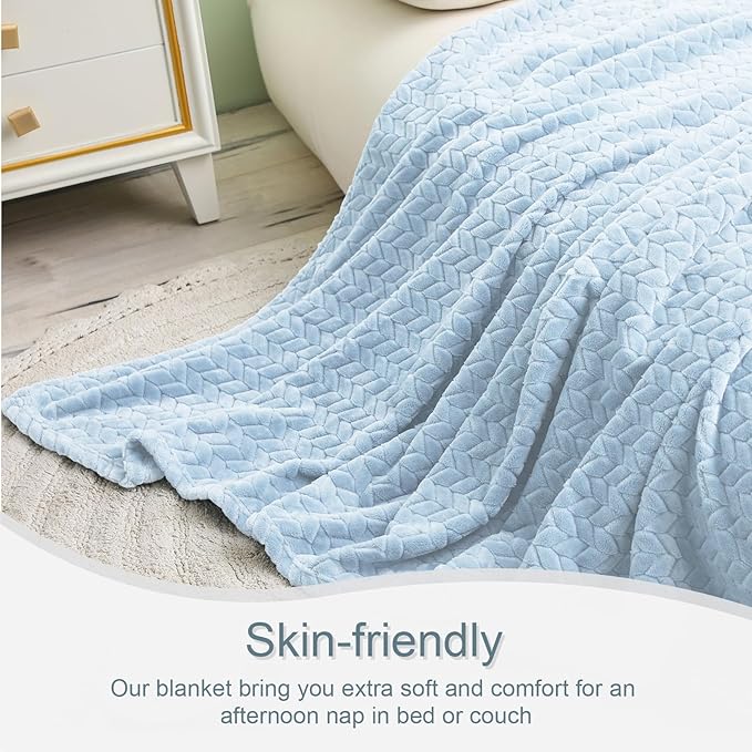 Exclusivo Mezcla Light Blue Fleece King Size Blanket for Bed, 90x104 Inches Soft Cozy 3D Decorative Jacquard Flannel Blankets, Lightweight Fuzzy Plush Warm Blankets for All Seasons