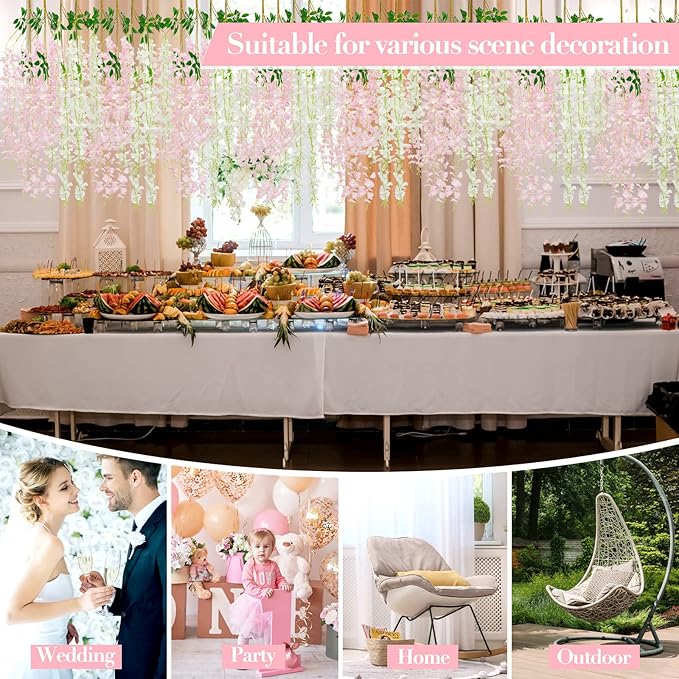 Giegxin 24 Pcs Artificial Wisteria Hanging Flowers 3.6 ft Artificial Fake Wisteria Vine Rattan Hanging Garland Silk Flowers String for Wall Home Wedding Party Greenery Decorations (Pink,White)