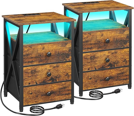 AMHANCIBLE Night Stand Set 2, LED Nightstand with Charging Station, End Side Tables with USB Port & Outlet, Bedside Tables with Fabric Drawers for Bedroom Living Room, Rustic Brown HET053LBR