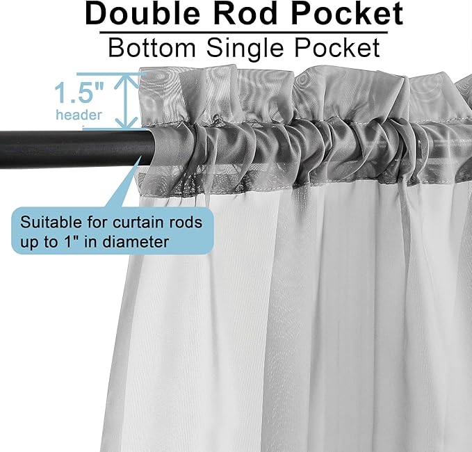 OWENIE Short Sheer Curtains 30 Inches 2 Panels Set, Kitchen Tiers Light Filtering Rod Pocket Cafe Curtains for Bathroom Small Half Window, 42 in W x 30 in L, Grey