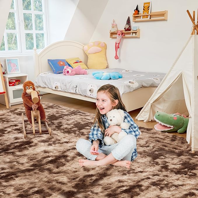 Ultra Soft Rug for Living Room, 4X6 Fluffy Shag Area Rug for Bedroom, Modern Shaggy Carpets Fuzzy Rug for Teens Dorm Nursery Home Decor Aesthetic, Upgrade Anti-Skid Durable, Tie-Dyed Coffee