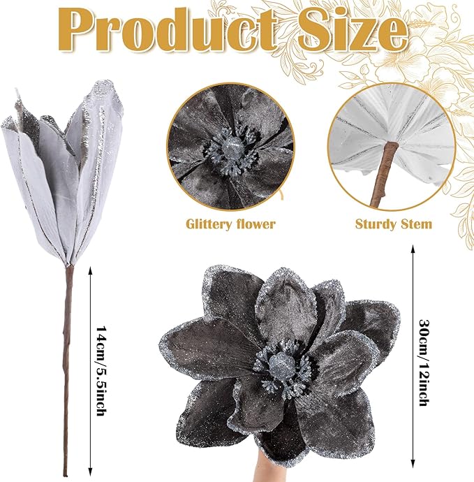 8 Pcs Large Christmas Flower Magnolia Flowers Christmas Tree Decoration Artificial Poinsettia Stems Velvet Xmas Ornaments for Xmas Tree Table Decor(Gery,12 Inch)