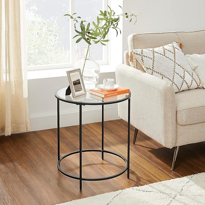 VASAGLE Round Side Tables, Set of 2, Glass End Tables with Metal Frame, Black Coffee Tables with Modern Style, for Living Room, Balcony, Bedroom, Black