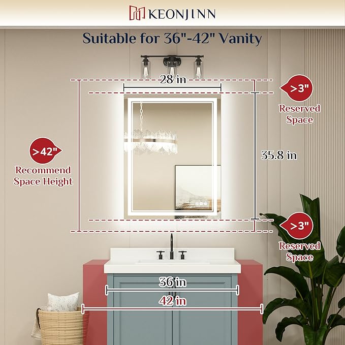 Keonjinn LED Bathroom Mirror with Lights, 28 x 36 Inch Front Lighted Vanity Mirror, HD Tempered Glass, UL-Listed LED Driver, Anti-Fog, 6000K Dimmale, Memory Function, Easy Installation