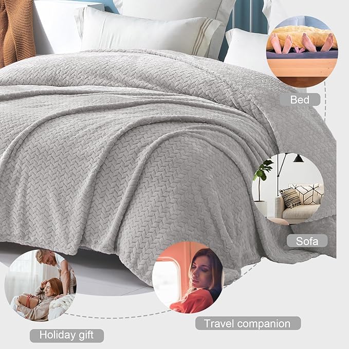 Exclusivo Mezcla Light Grey Fleece Queen Size Blanket for Bed, 90x90 Inches Soft Cozy 3D Decorative Jacquard Flannel Blankets, Lightweight Fuzzy Plush Warm Blankets for All Seasons